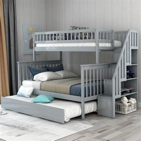 Harper And Bright Designs Grey Twin Over Full Stairway Bunk Bed With