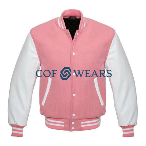 Varsity Letterman Base Ball Pink Wool And Genuine White Leather Sleeves