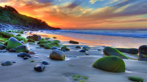 Sunset Ocean Sandy Beach Rocks Green Movi Water Nature K Wallpaper For Desktop Mobile Phones