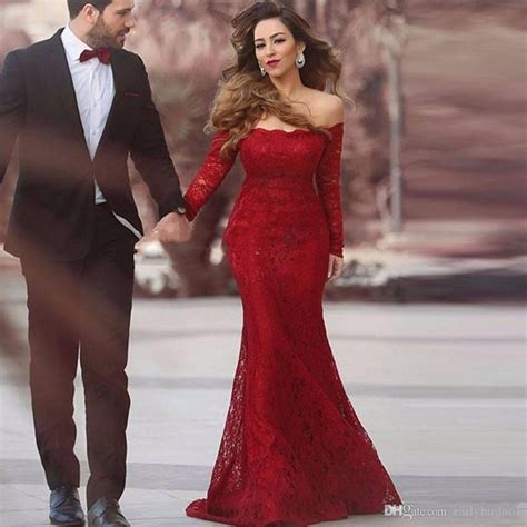 Red Lace Mermaid Prom Dress Off The Shoulder Pageant Gown Long Sleeve