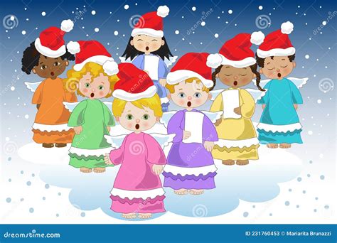 Coro De Anjos Pequenos Em Santa Claus Que Canta Sob A Neve Ilustração
