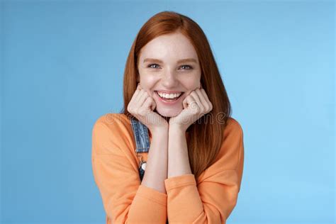 Enthusiastic Sassy Good Looking Redhead Caucasian Girl Lean Head Palms Look Amused Intrigued