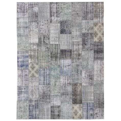 Large Turkish Patchwork Rug In Gray Green Blue Brown And Neutral