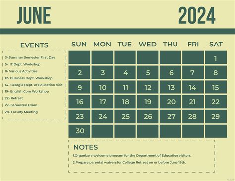 Cute June 2024 Calendar Eps Illustrator  Word Svg