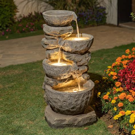Glitzhome Gh11246 4 Tier Polyresin Led Lights Outdoor Water Fountain