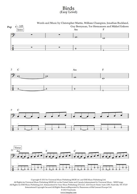 Birds Easy Level Coldplay Bass Tabs