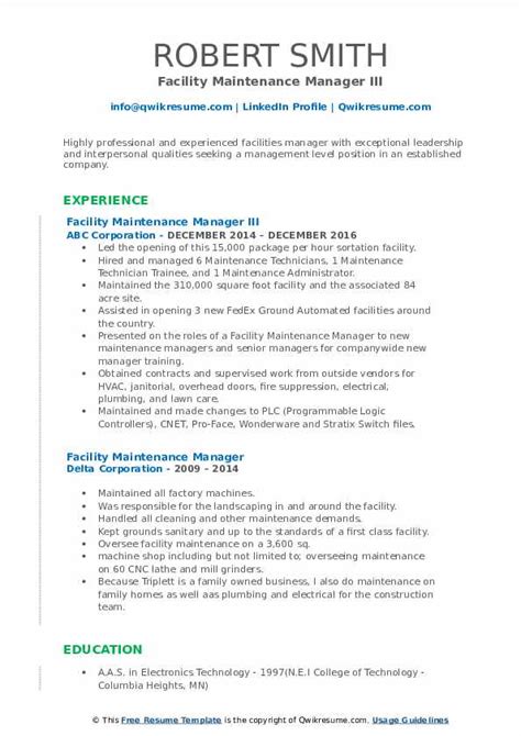 Maintenance supervisor resume sample, maintenance supervisor resume template, how to write a killer maintenance resume, writing tips for maintenance supervisor cover letter, maintenance supervisor interview questions and answers pdf ebook free download. Facility Maintenance Manager Resume Samples | QwikResume