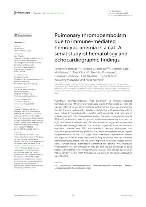 Pdf Pulmonary Thromboembolism Due To Immune Mediated Hemolytic Anemia