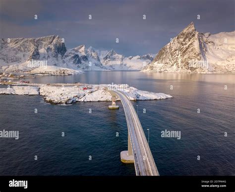 Snowy Landscape By The Fjord With Hamnoy Bridge Drone Picture Hamnoy