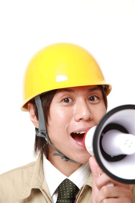 Construction Worker With Megaphone Stock Image Image Of Shout Loud