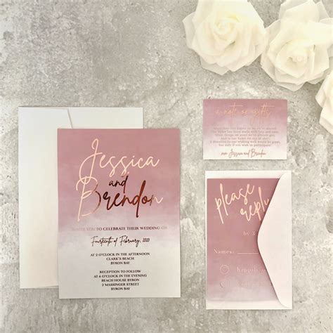 Rose Gold Foil Wedding Invitation In Dusty Pink Watercolour Glitzy Prints