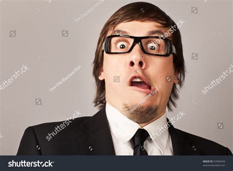 Closeup Portrait Shocked Businessman Hearing Some Stock Photo 97909343