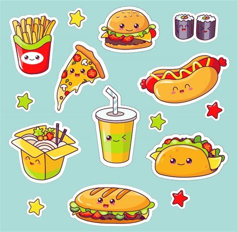 Kawaii comida rápida comida chatarra comida sabrosa plana Vector Premium