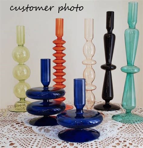 Indigo Blue Bubble Glass Candlestick Holders Taper Candle Etsy Cheap Candle Holders Glass