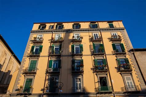 Beautiful Facades Of The Antique Buildings In Naples Old City Stock