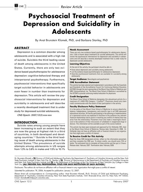 Pdf Psychosocial Treatment Of Depression And Suicidality In Adolescents