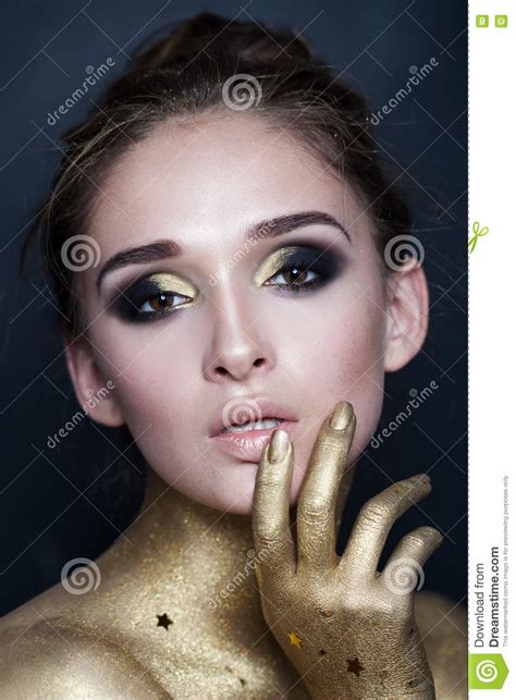 Portrait Of Fashion Woman Makeup With Gold Stars Stock Image Image