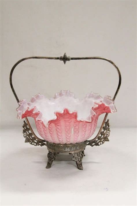Antique Mt Washington Glass Pink White Pebbles Fluted Silverplated Bride Basket White Pebbles