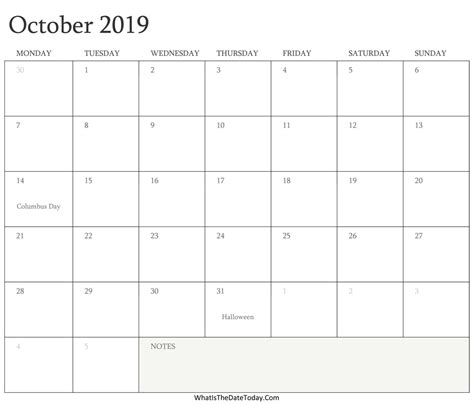 Editable Calendar October 2019 With Holidays Whatisthedatetodaycom