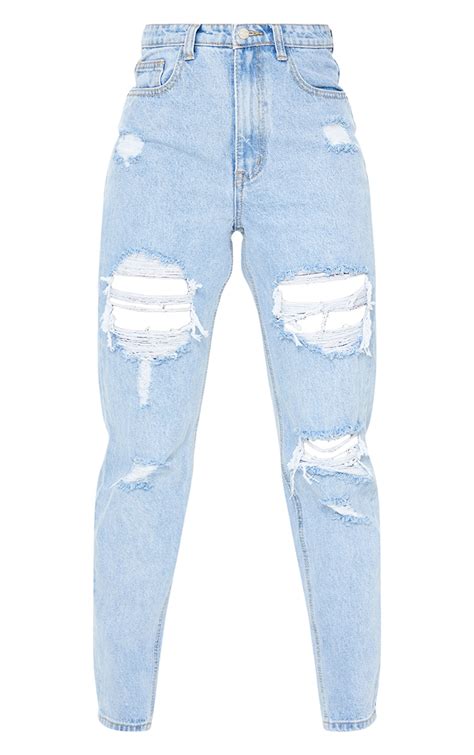 Plt Tall Light Blue Ripped Mom Jeans Prettylittlething