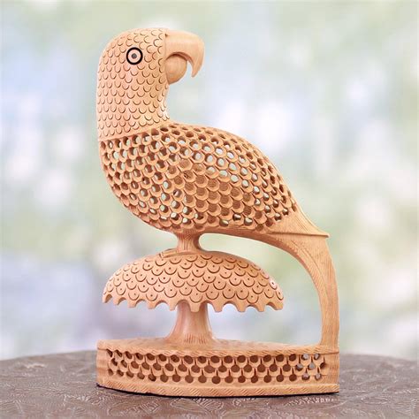 Handcrafted Indian Wood Bird Sculpture Perky Parrots Novica