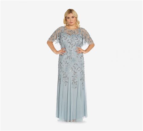 plus size long floral beaded gown with flutter sleeves blue heather adrianna papell womens