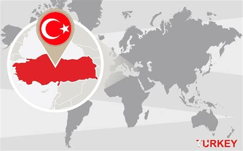 Mapa świata Z Powiększoną Turcją Flaga Turcji I Mapa Premium Wektor