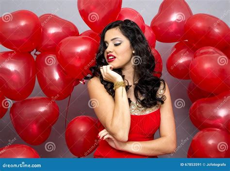 Woman With Red Ballons Stock Image Image Of Fashion