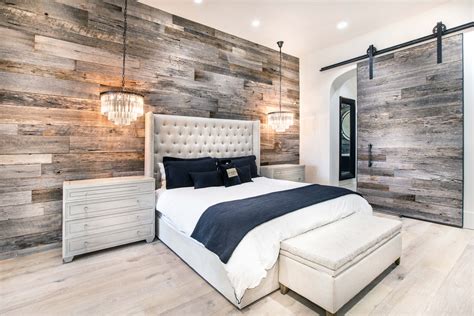 Double raised panel feature wall. PBW: Tobacco Barn Grey Wood Wall - Master Bedroom | Rustic ...