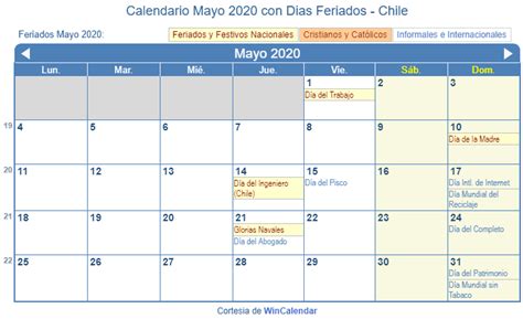 Calendario Mayo 2020 Para Imprimir Chile