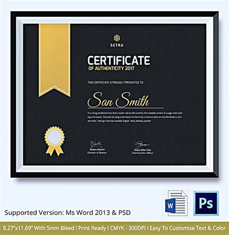 certificate  authenticity template  information