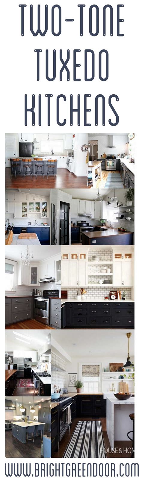 Homeowners can also include additional elements that contribute to the black and white effect, such as a black island or black countertops to separate white upper and lower cabinets. The Look- Two Tone Tuxedo Kitchen - Bright Green Door