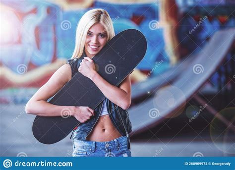 Beautiful Skateboarding Girl Stock Photo Image Of Happy Positive