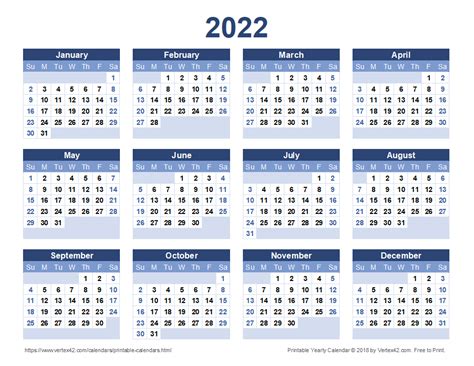 Yearly Calendar 2022 Printable