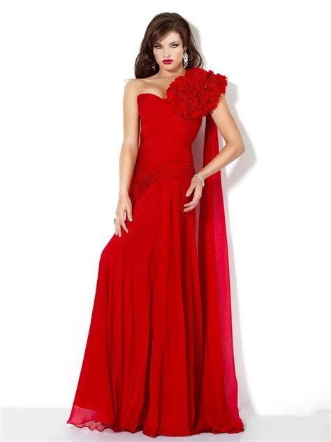 Red One Shoulder Floor Length A Line Celebrity Dresses With Drapes And