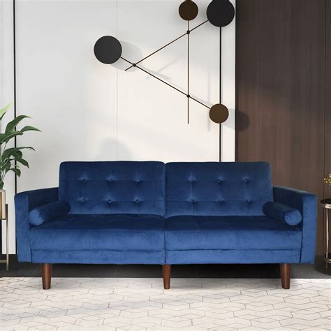 Blue Sofa Bed Mid Century Modern Velvet Upholstered Tufted Futon Sofa