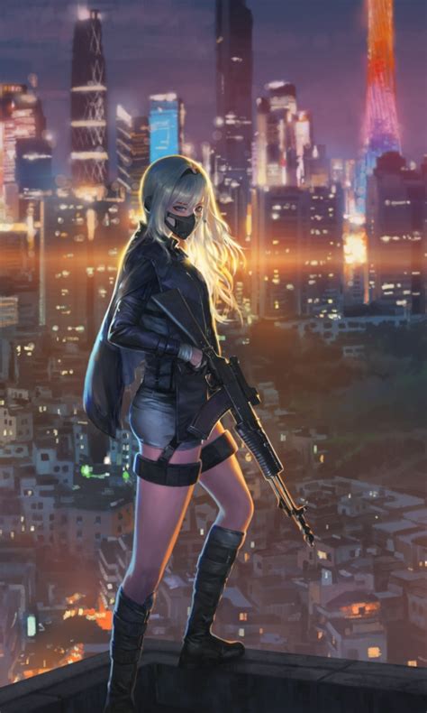 Download Sniper Girl Cityscape Anime Girl Art 480x800 Wallpaper