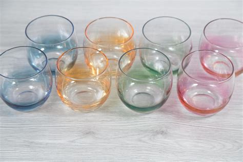 Vintage Roly Poly Glasses Set Set Of 8 Colorful Rainbow Cutler Fine Blown Spherical Bar