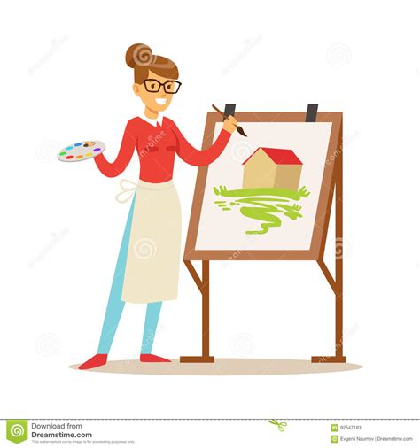 Woman Artist Holding Palette And Brush Standing Near Easel Craft Hobby