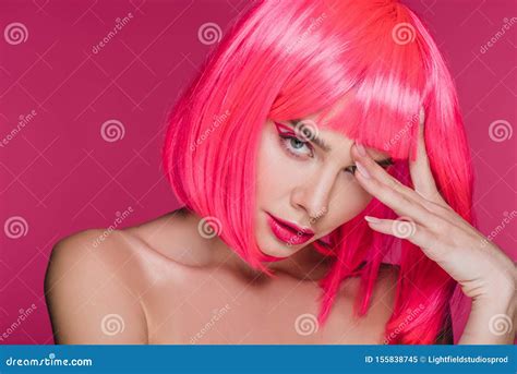 Attractive Naked Woman Posing In Neon Pink Wig Isolated Stock Image