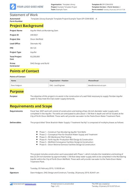 Statement Of Work Construction Example And Free Template