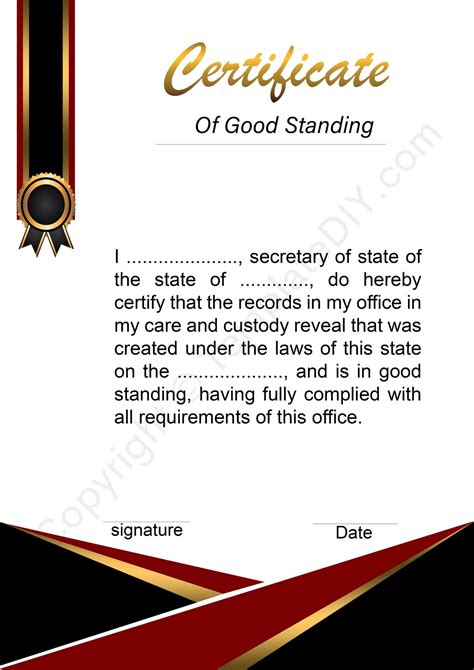 Certificate Of Good Standing Template