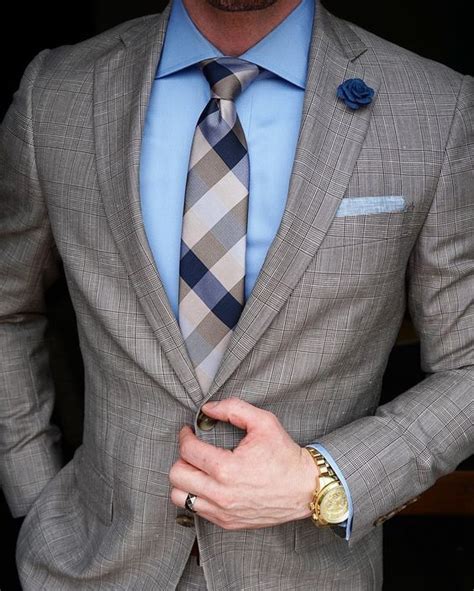 Mens Brown Check Suit Light Blue Dress Shirt Brown Check Silk Tie