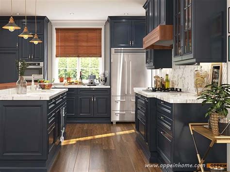 On the darker end of the spectrum, navy blue is just an elegant shade. Traditional Style Navy Blue Kitchen Cabinet with Island ...