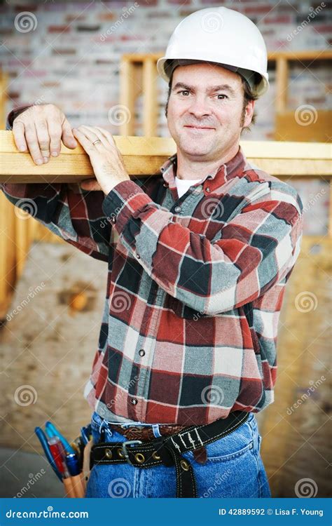 Handsome Worker Carries Lumber Stock Photo Image Of Carrying