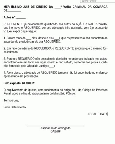 Termo Padrão De Petição Pedido De Arquivamento De Queixa Devido A Perempção