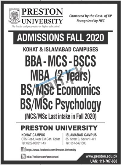 Preston University Online Admissions In Kohat And Islamabad Latest