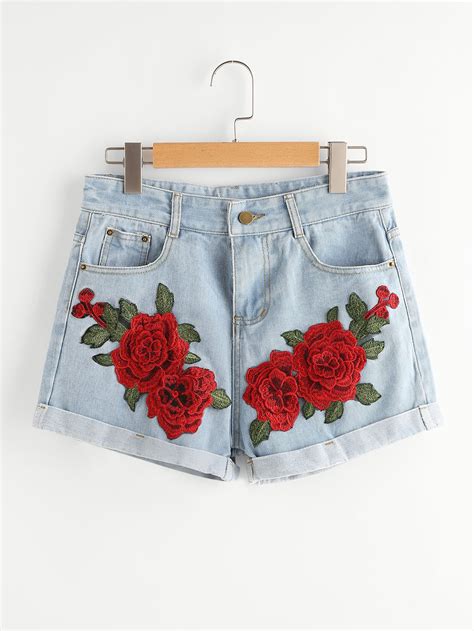 rose embroidered applique cuffed denim shorts shein sheinside