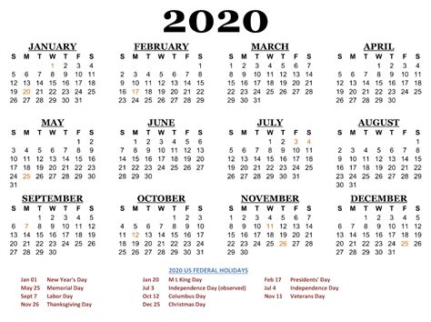 Printable 2020 Calendar With Holidays Planner Printable Template