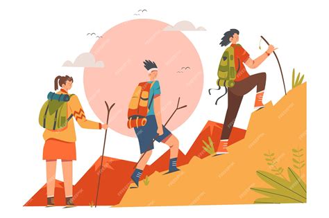 Premium Vector Group Of People Hiking Outdoor Activity Illustration